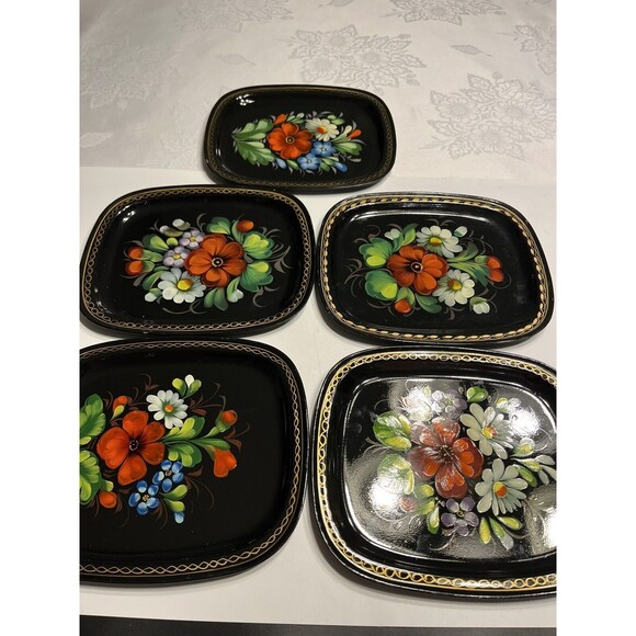 5 Vintage Zhostovo Soviet Russian Hand Painted Flowers Toleware Trays Yeha 8x6” - Picture 2 of 15